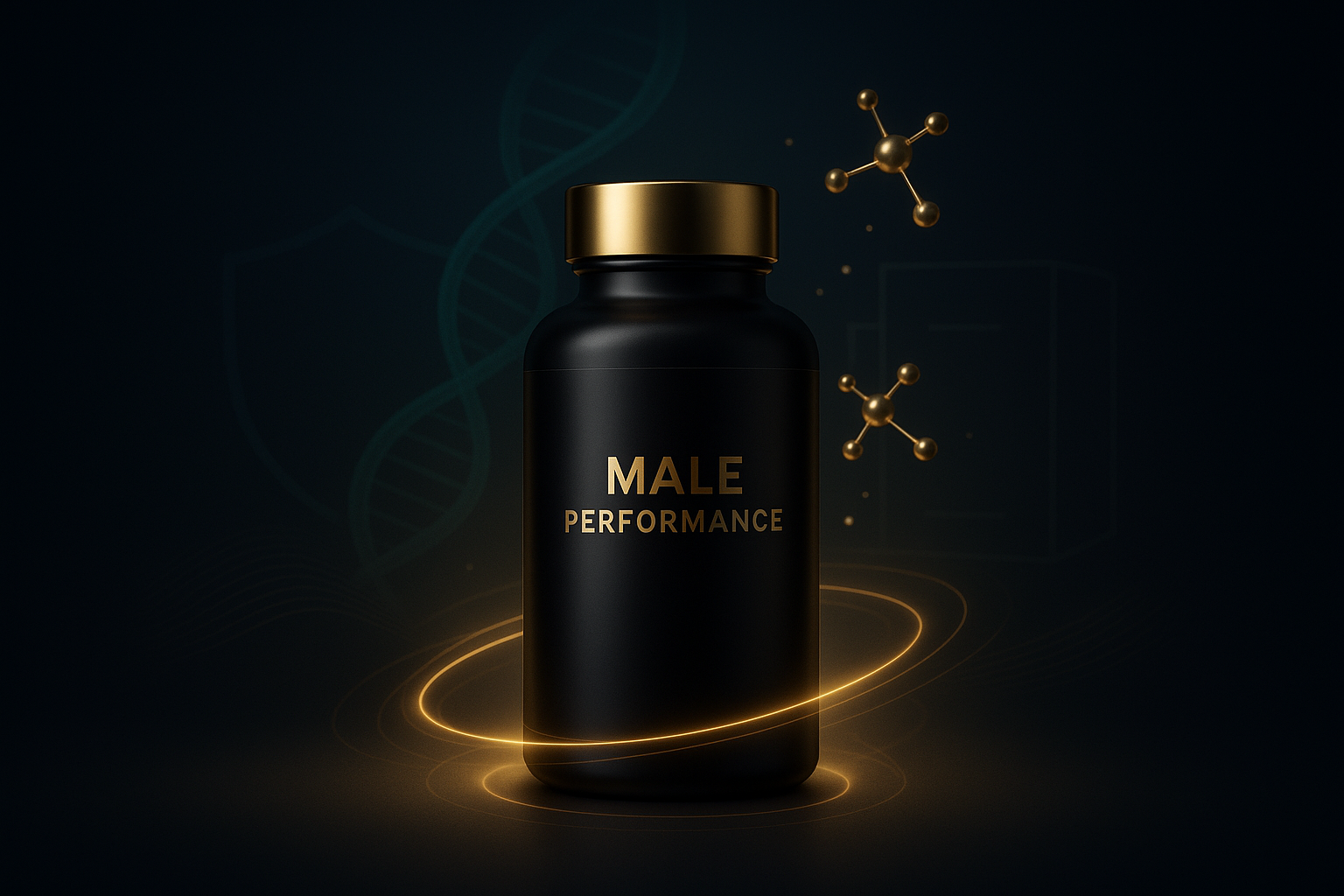 Dark navy to black gradient background with a premium product mockup (black and gold male performance bottle) glowing in the center. Subtle emerald DNA helix fades into the background, with golden molecular structures floating around it. Soft energy waves or glowing rings surround the product, symbolizing vitality and stamina. Add a minimal shield/package outline in the background for discreet delivery. Premium, masculine, clinical aesthetic. Colors: navy, black, gold, emerald. No text